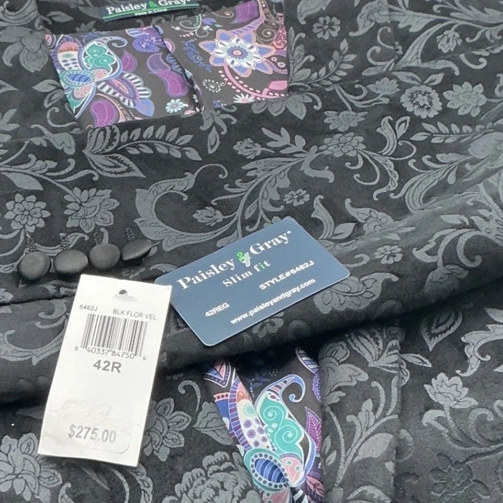 Paisley & Gray Slim Fit Black Floral Velvet Jacquard Blazer Jacket 42R NWT